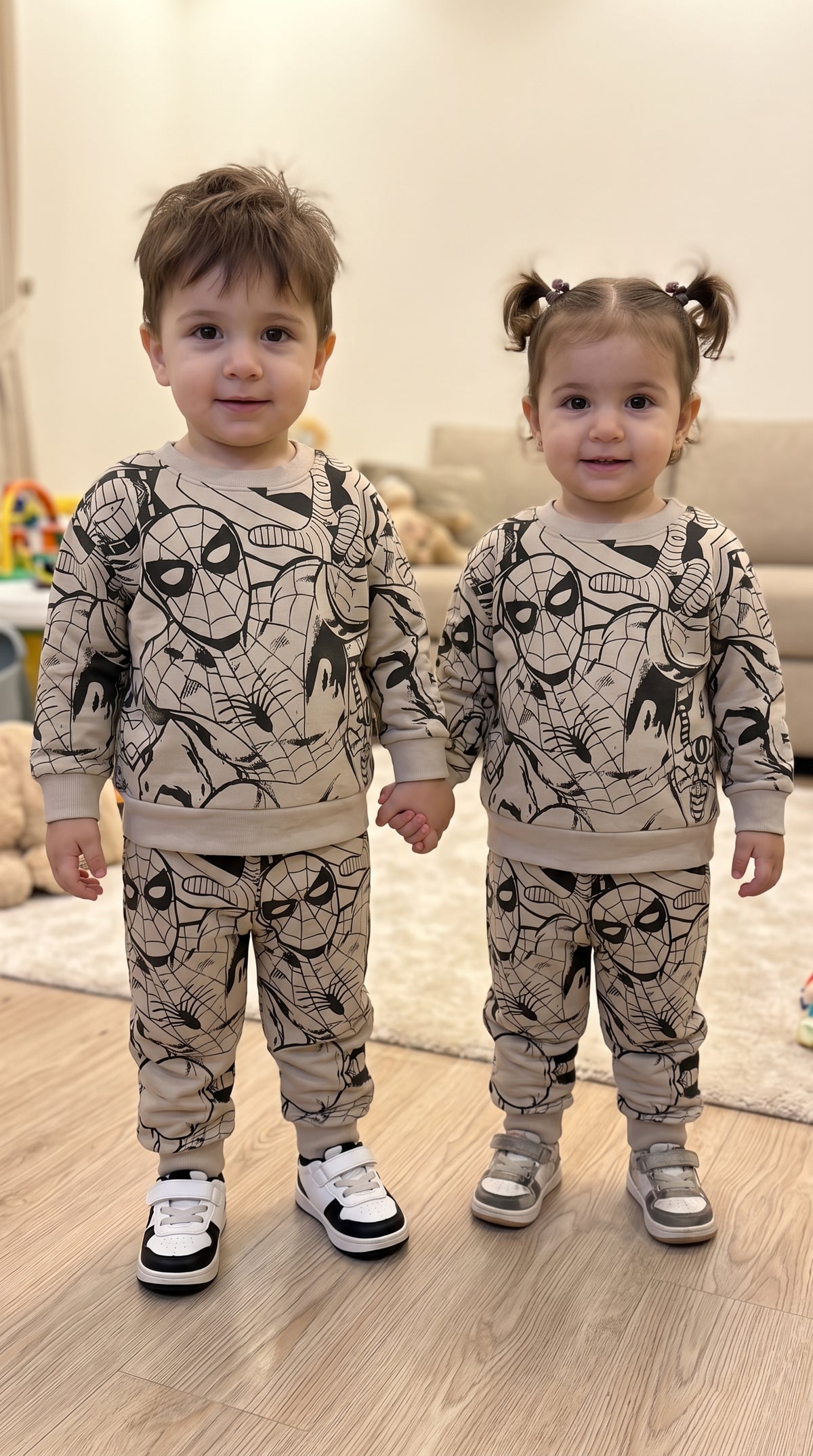 Kids beige spider web printed fleece tracksuit