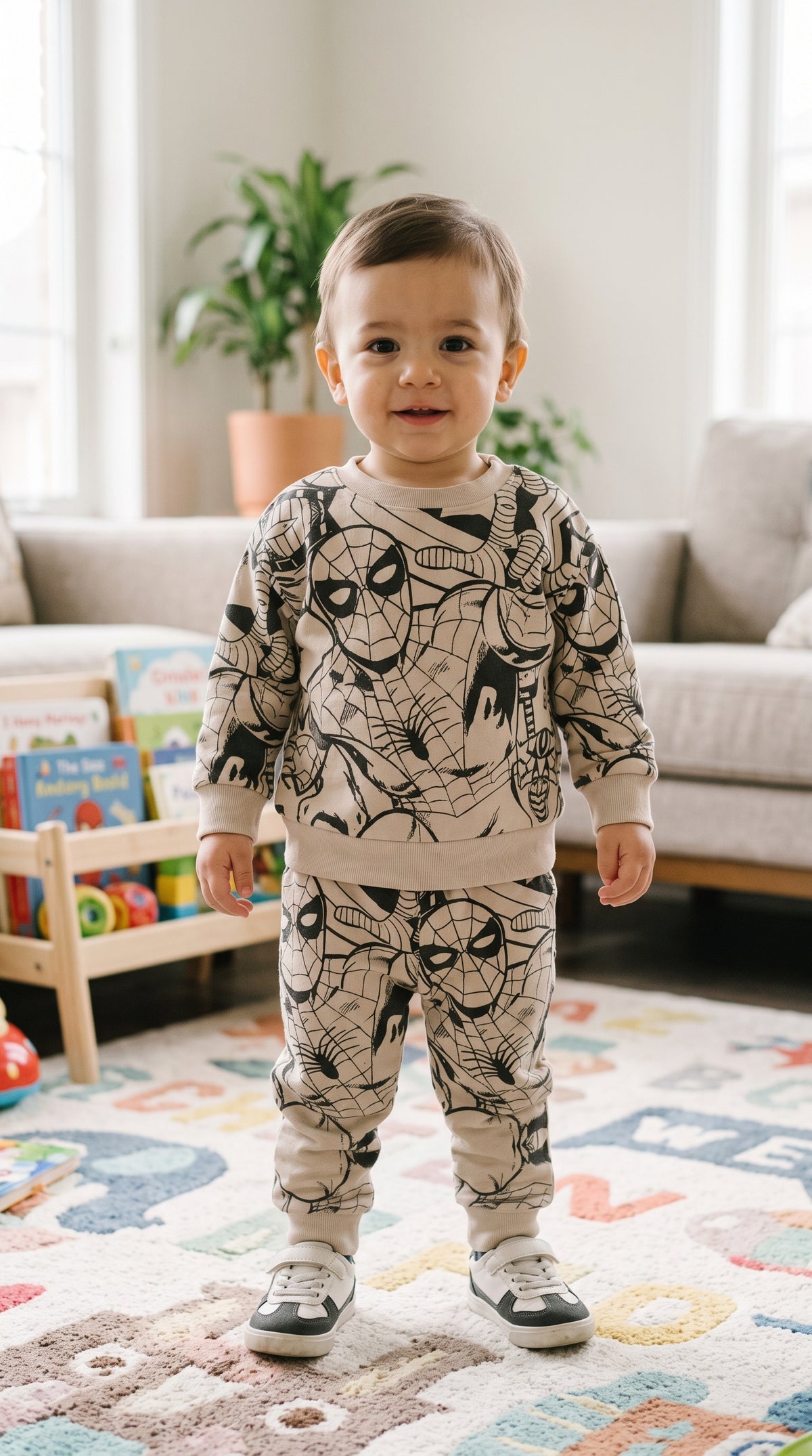 Kids beige spider web fleece tracksuit front view