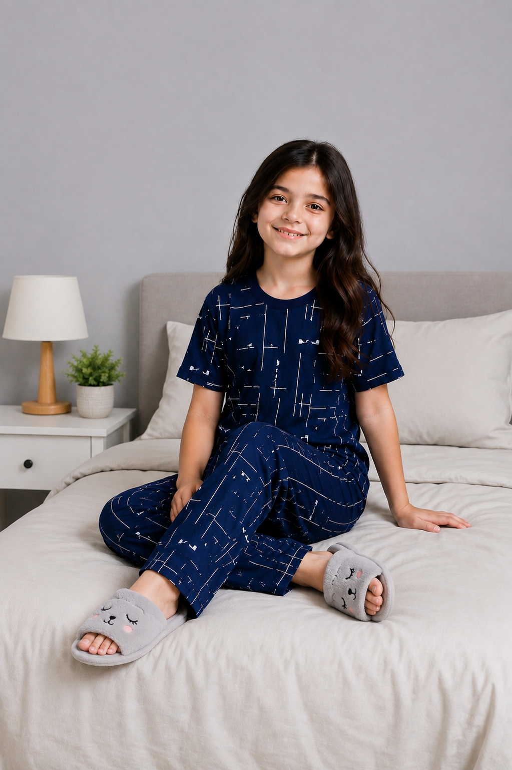 Kids Navy Blue Printed Night Suit – Soft & Comfortable Half Sleeve T-Shirt with Pajama Set (2 Pcs)