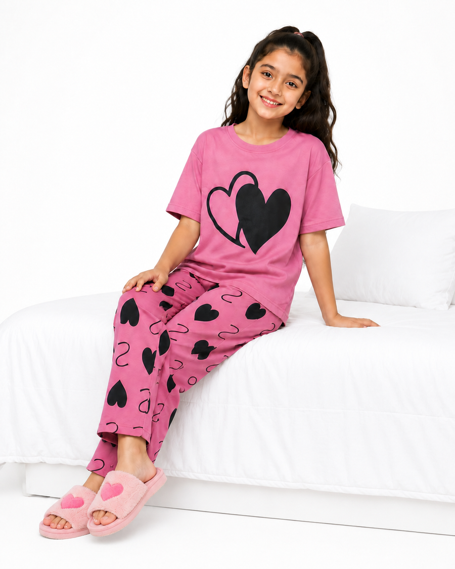 Girls Pink Heart Print Night Suit – Soft & Comfortable 2 Piece Kids Sleepwear Set