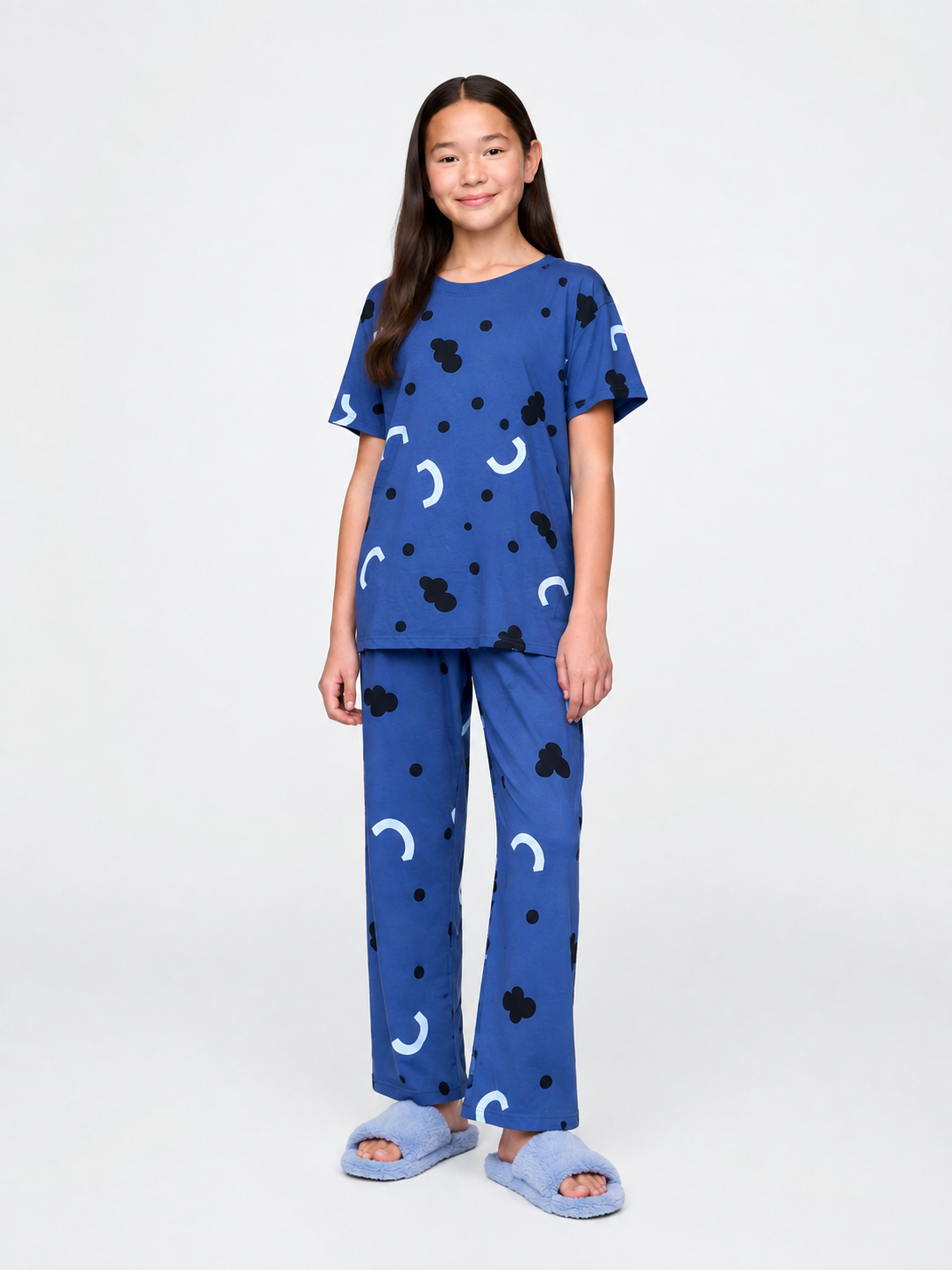 Girls Blue Printed Jersey Night Suit – Soft Half Sleeve T-Shirt & Full-Length Pajama Set