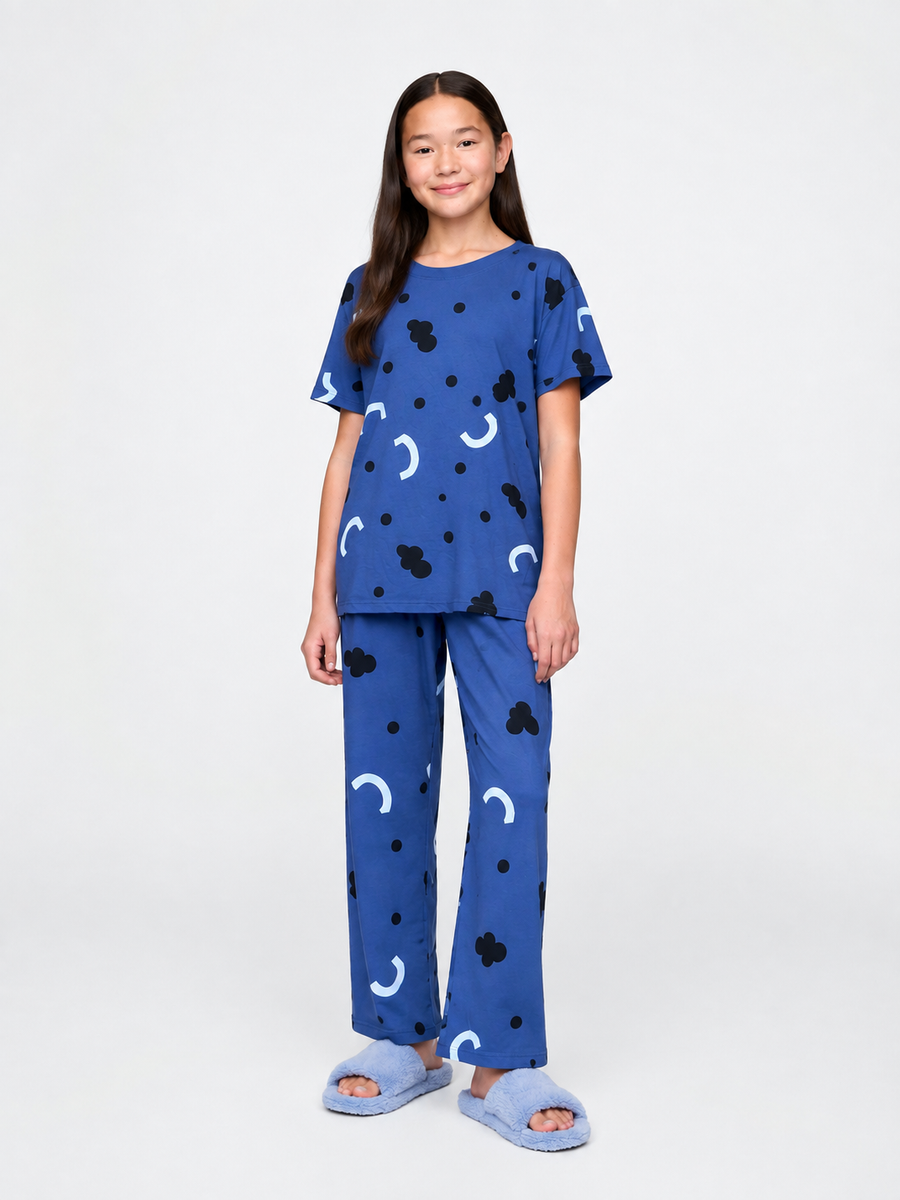 Girls Blue Printed Jersey Night Suit – Soft Half Sleeve T-Shirt & Full-Length Pajama Set