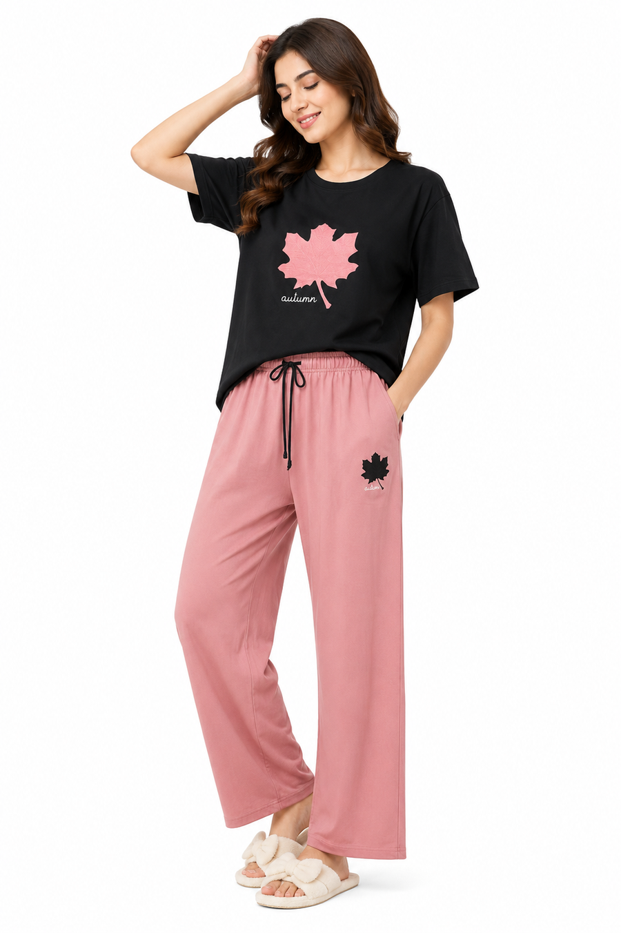 Women’s 2 Piece Night Suit Black T-Shirt with Pink Pajama | Casual & Comfortable Nightwear