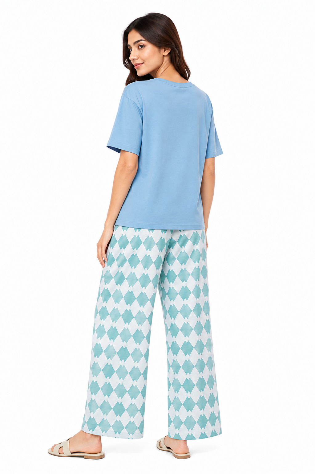 Women’s 2 Piece Night Suit – Sky Blue T-Shirt & Printed Wide Leg Pajama Set
