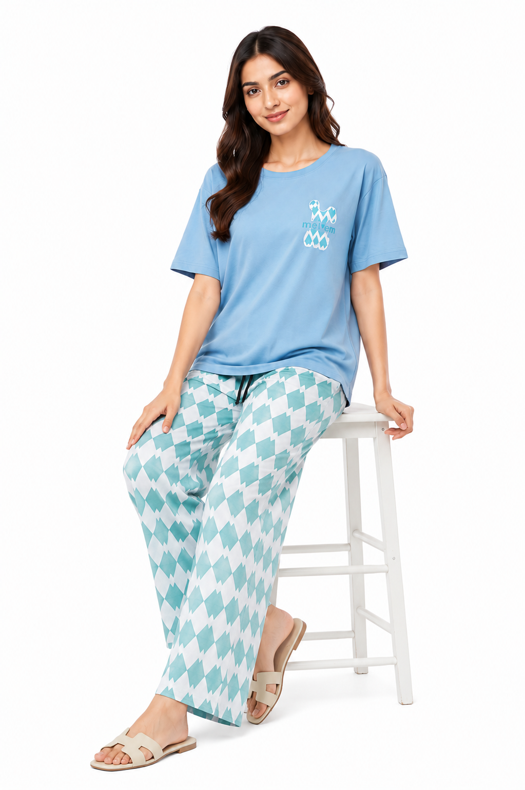 Women’s 2 Piece Night Suit – Sky Blue T-Shirt & Printed Wide Leg Pajama Set