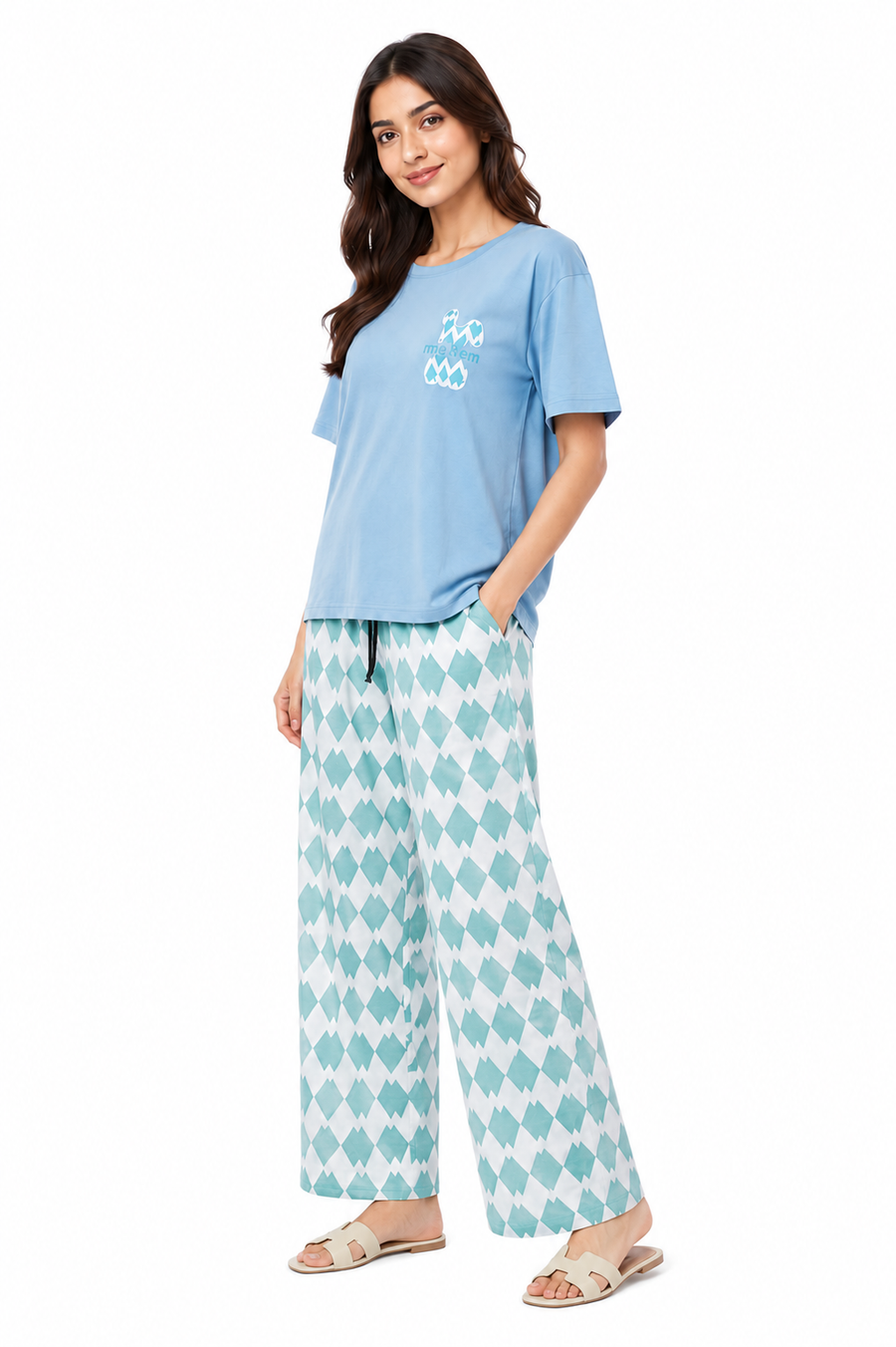 Women’s 2 Piece Night Suit – Sky Blue T-Shirt & Printed Wide Leg Pajama Set