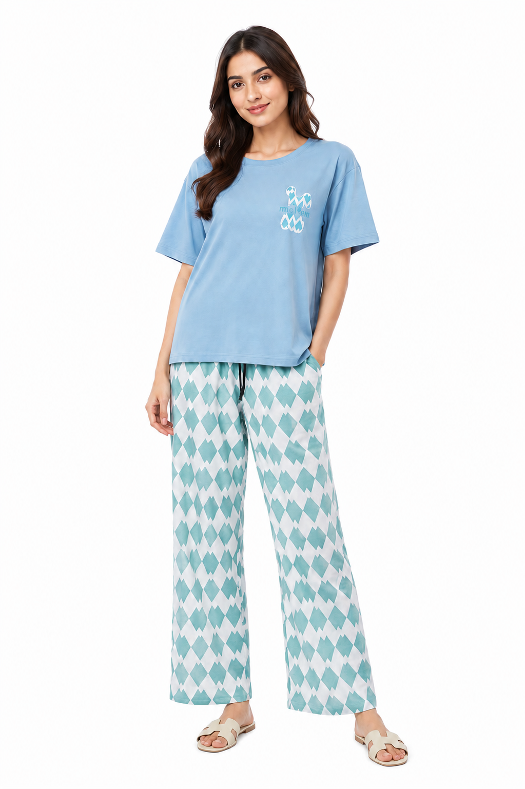 Women’s 2 Piece Night Suit – Sky Blue T-Shirt & Printed Wide Leg Pajama Set