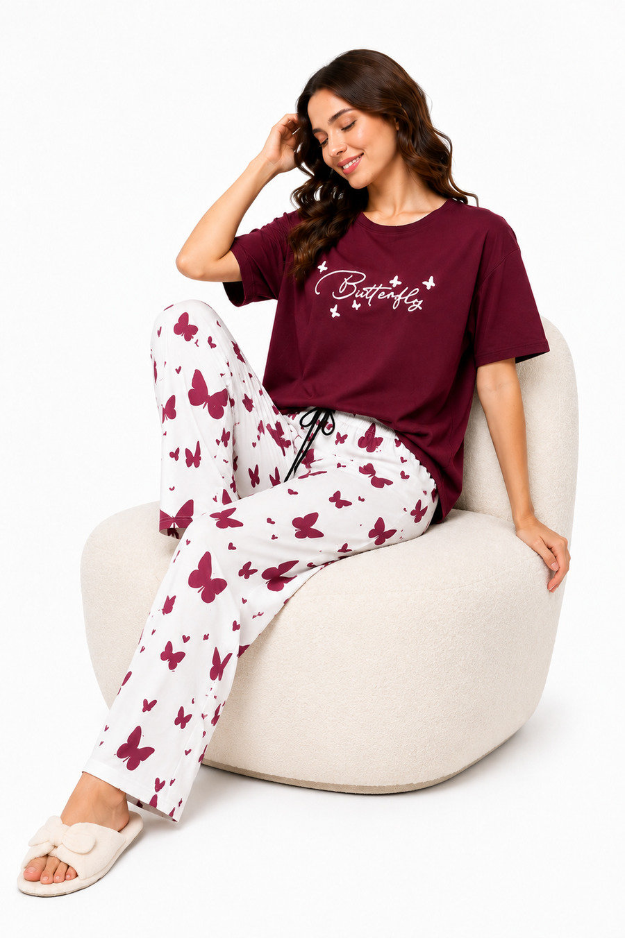 Women’s Butterfly Printed Pajama Set | Maroon T-Shirt & White Butterfly Print Trouser | Comfortable Sleepwear Set