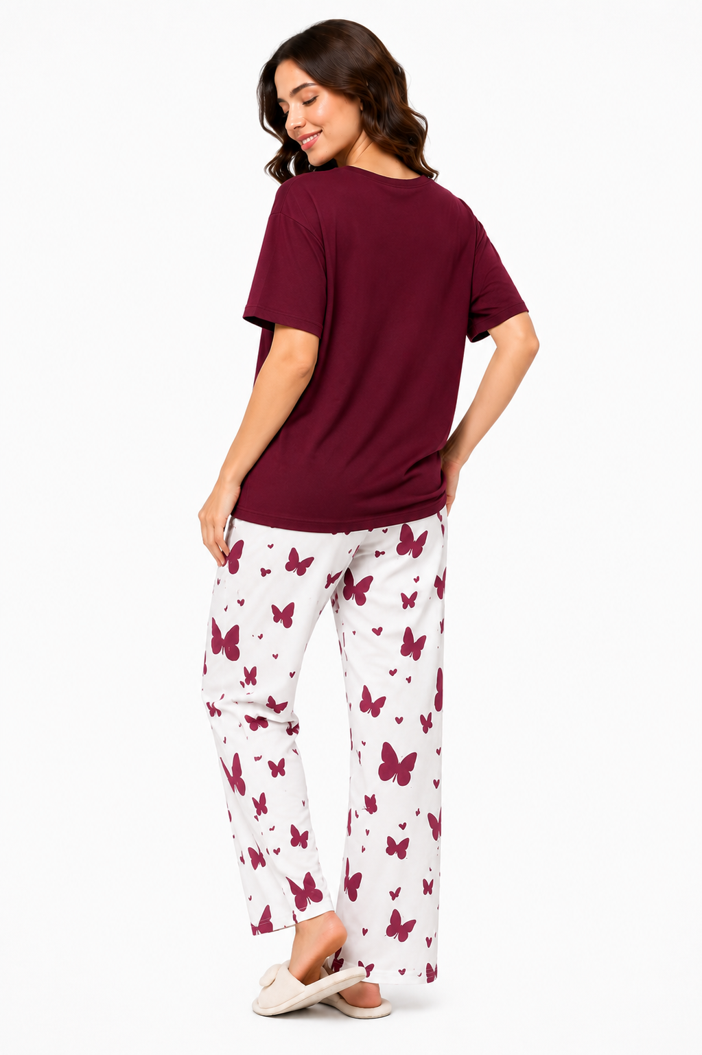Women’s Butterfly Printed Pajama Set | Maroon T-Shirt & White Butterfly Print Trouser | Comfortable Sleepwear Set