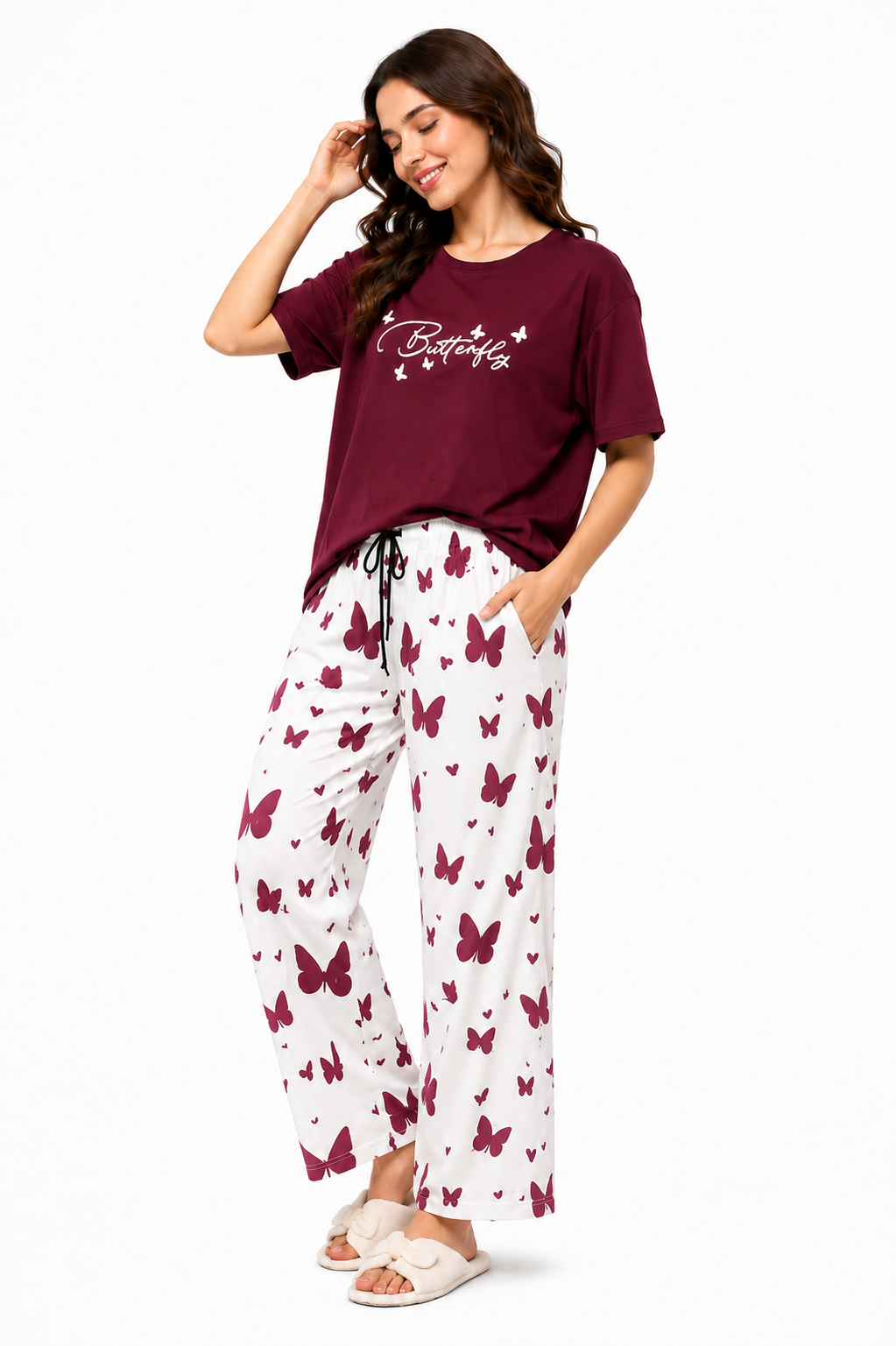 Women’s Butterfly Printed Pajama Set | Maroon T-Shirt & White Butterfly Print Trouser | Comfortable Sleepwear Set