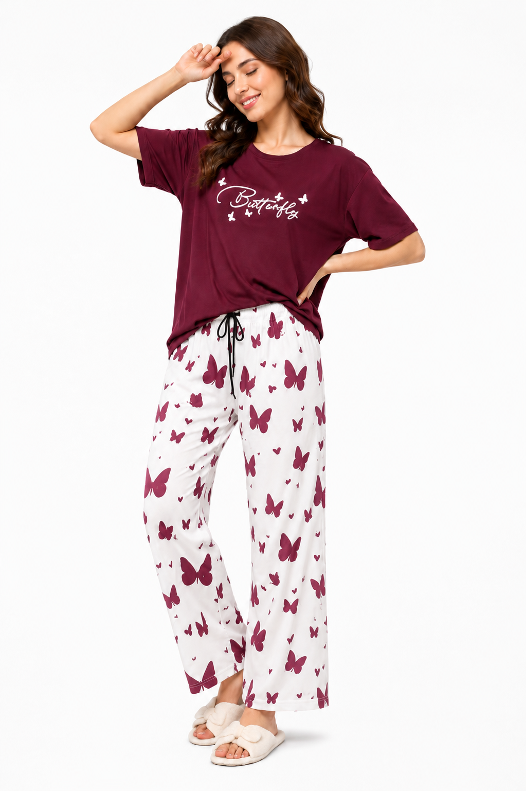 Women’s Butterfly Printed Pajama Set | Maroon T-Shirt & White Butterfly Print Trouser | Comfortable Sleepwear Set