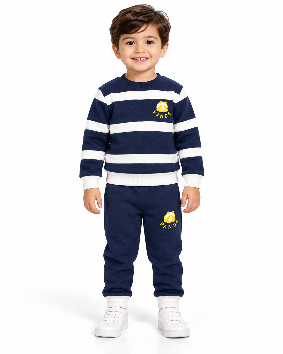 Kids Navy Blue & White Striped Panda Tracksuit – 2 Piece Sweatshirt & Jogger Set