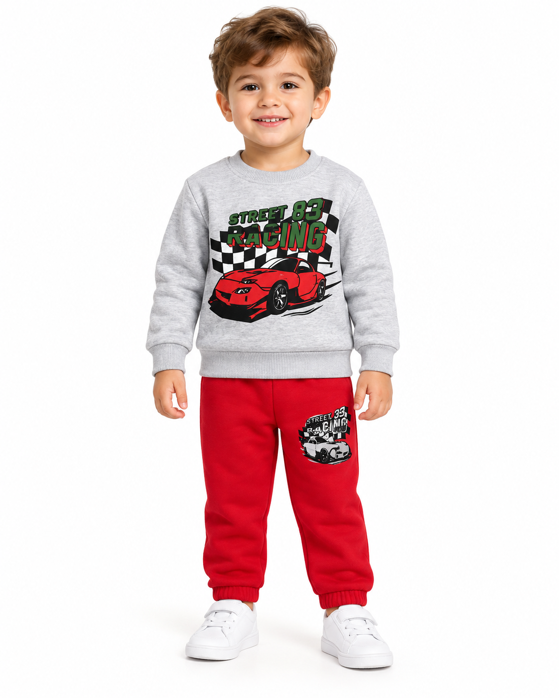 Kids Street Racing Fleece Tracksuit – Grey Sweatshirt & Red Trouser