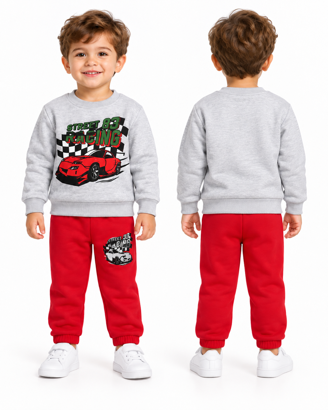 Kids Street Racing Fleece Tracksuit – Grey Sweatshirt & Red Trouser