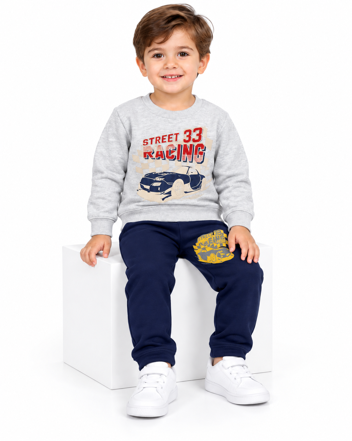 Kids Street 33 Racing Tracksuit – Grey Sweatshirt & Navy Trouser