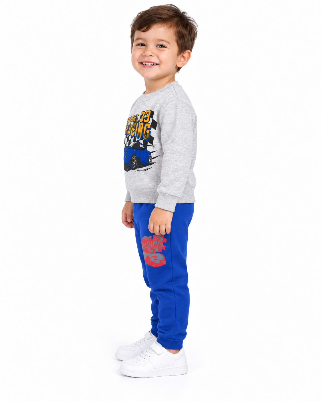 Kids Street Racing Fleece Tracksuit – Grey Sweatshirt & Blue Trouser