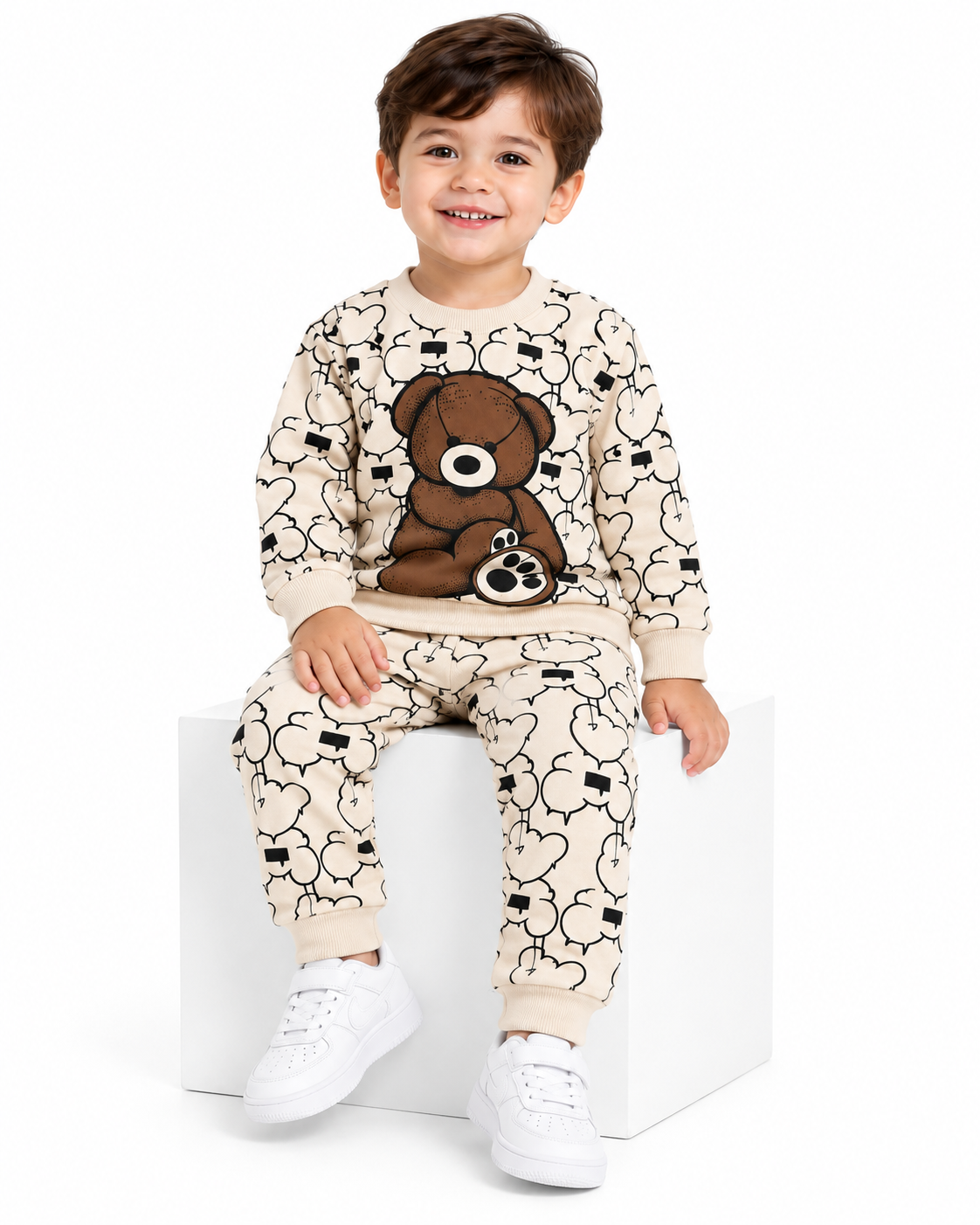 Kids Teddy Bear Printed Fleece Tracksuit – Beige 2-Piece Set