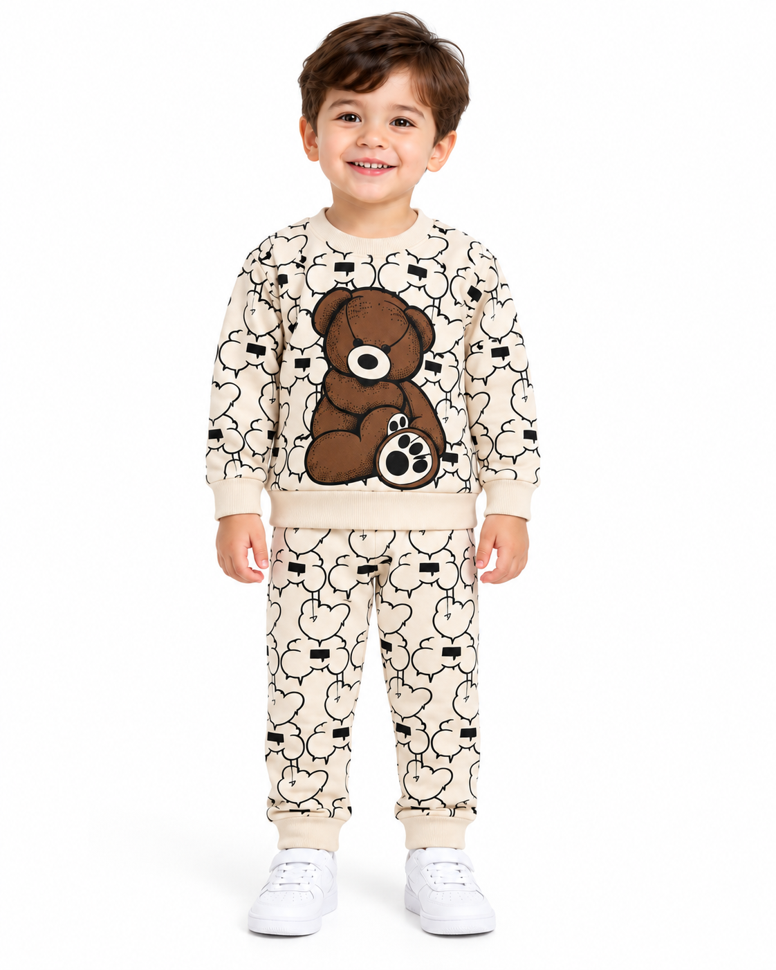 Kids Teddy Bear Printed Fleece Tracksuit – Beige 2-Piece Set