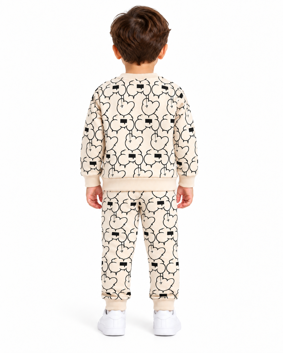 Kids Teddy Bear Printed Fleece Tracksuit – Beige 2-Piece Set