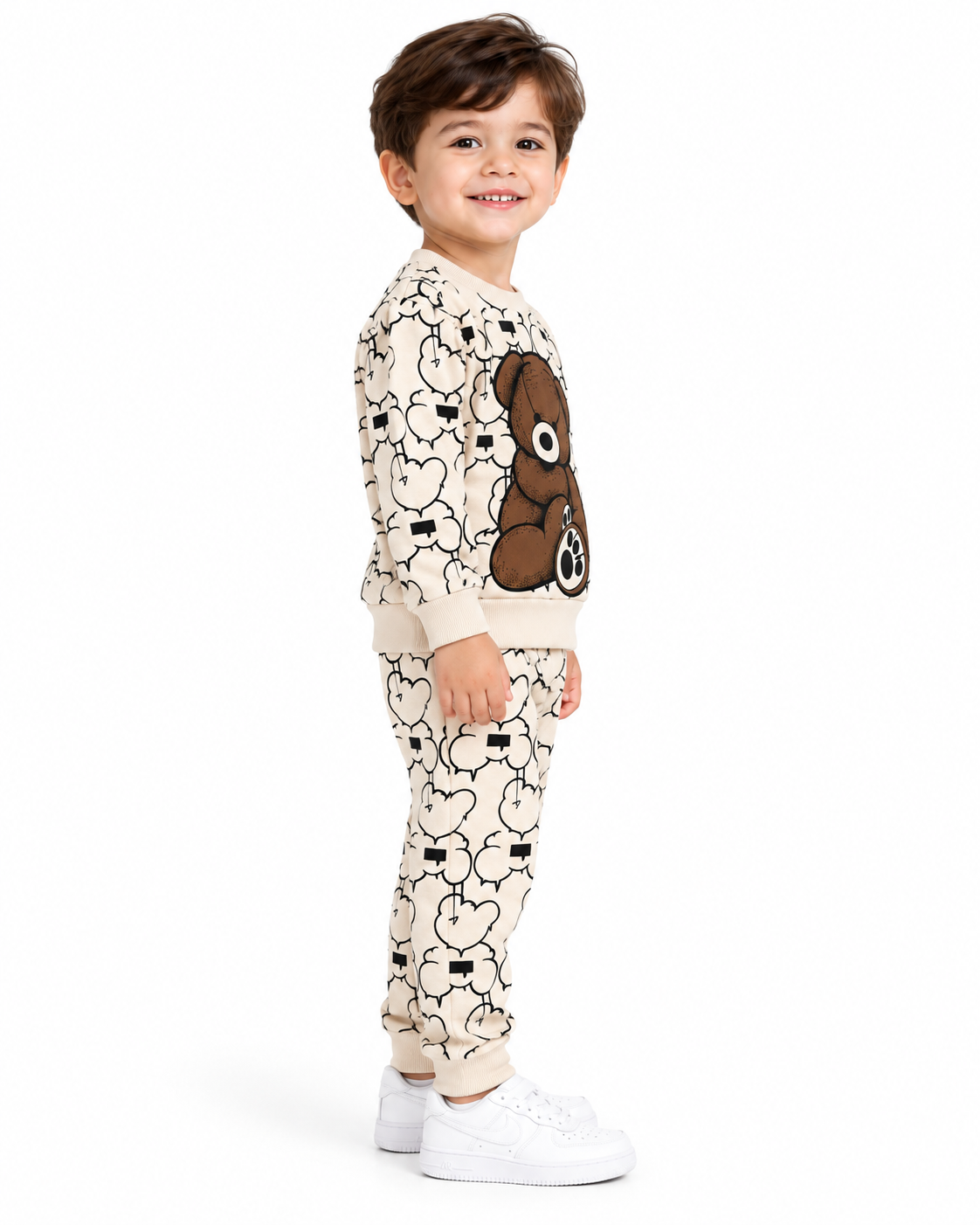 Kids Teddy Bear Printed Fleece Tracksuit – Beige 2-Piece Set