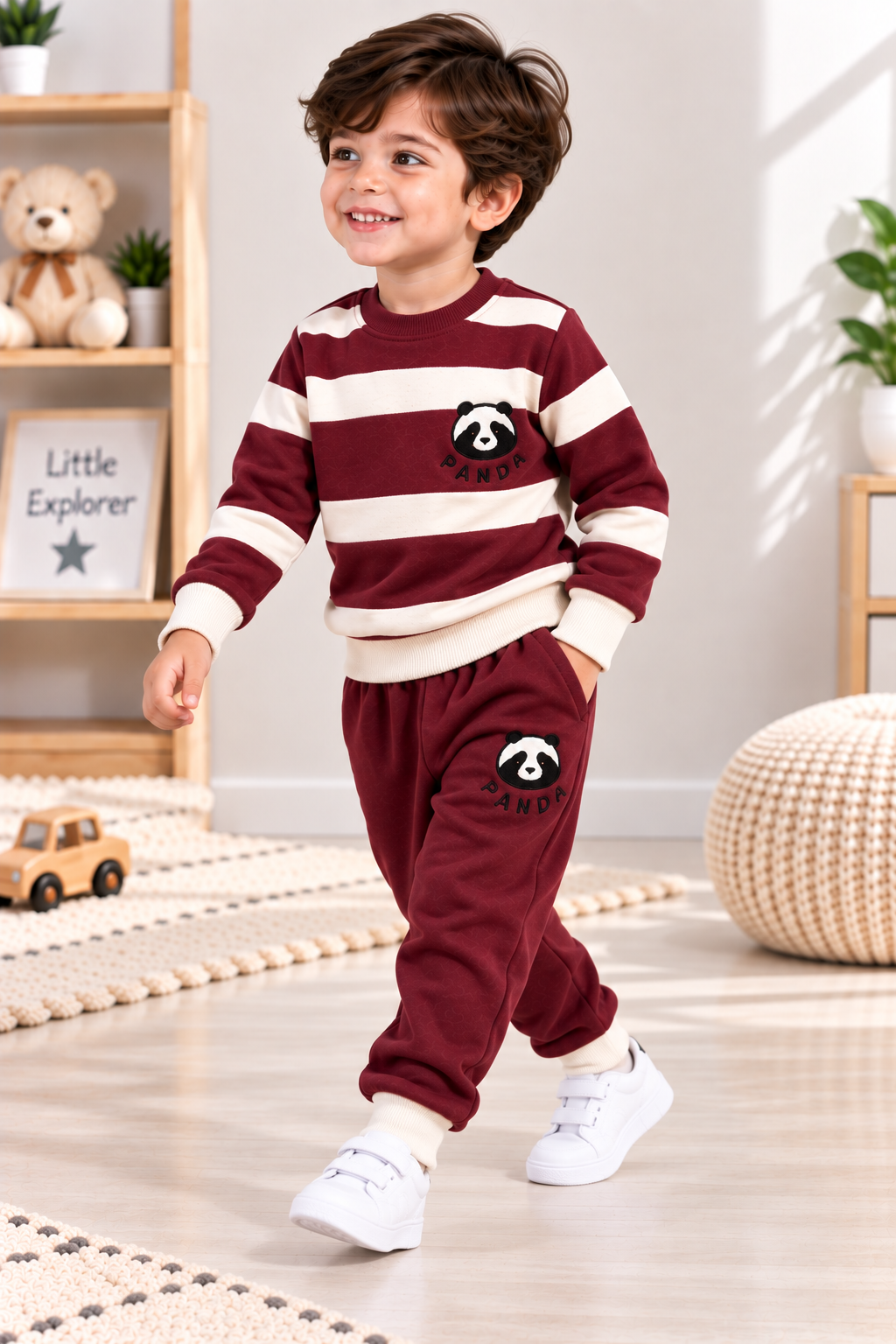 Kids Panda Fleece Winter Tracksuit – Burgundy & Cream | 1–4 Years
