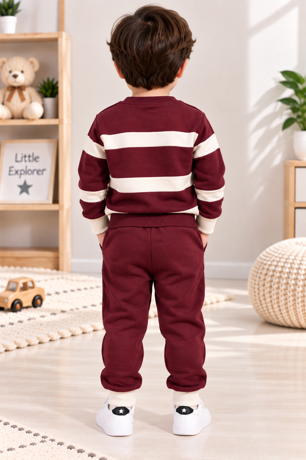 Kids Panda Fleece Winter Tracksuit – Burgundy & Cream | 1–4 Years
