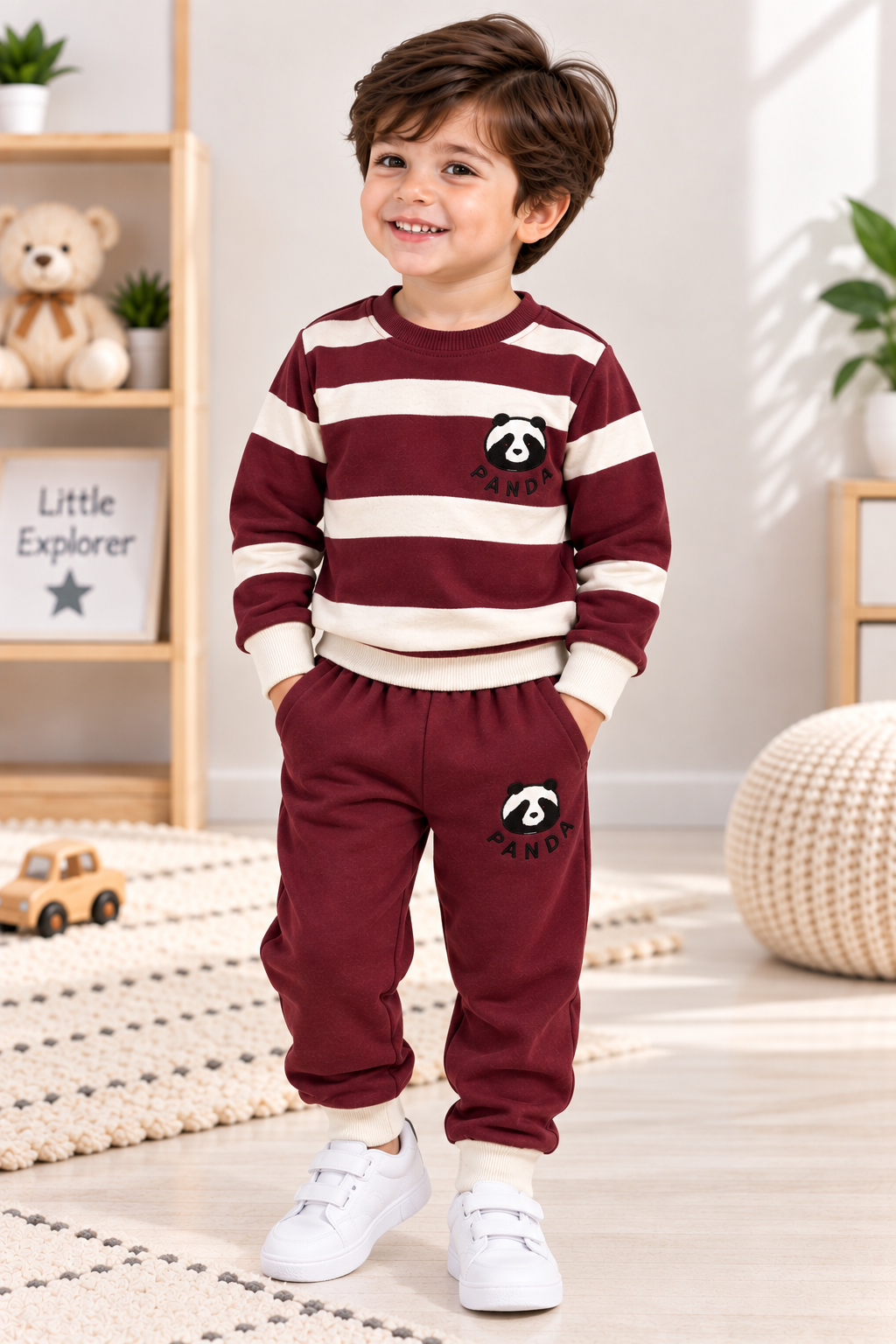 Kids Panda Fleece Winter Tracksuit – Burgundy & Cream | 1–4 Years
