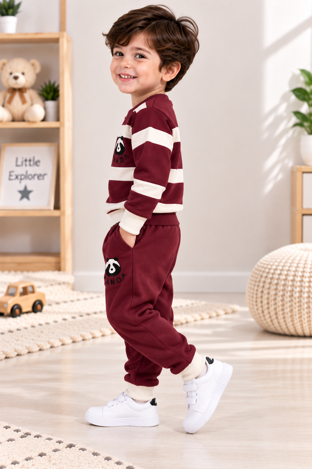 Kids Panda Fleece Winter Tracksuit – Burgundy & Cream | 1–4 Years