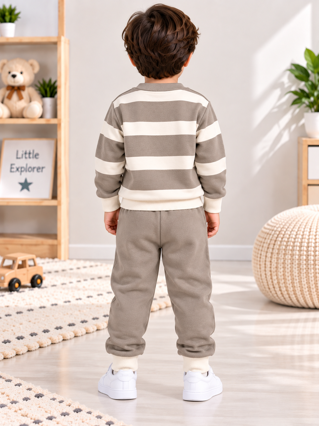 Kids Panda Fleece Tracksuit – Beige & Cream Striped 2-Piece Set | 1–4 Years
