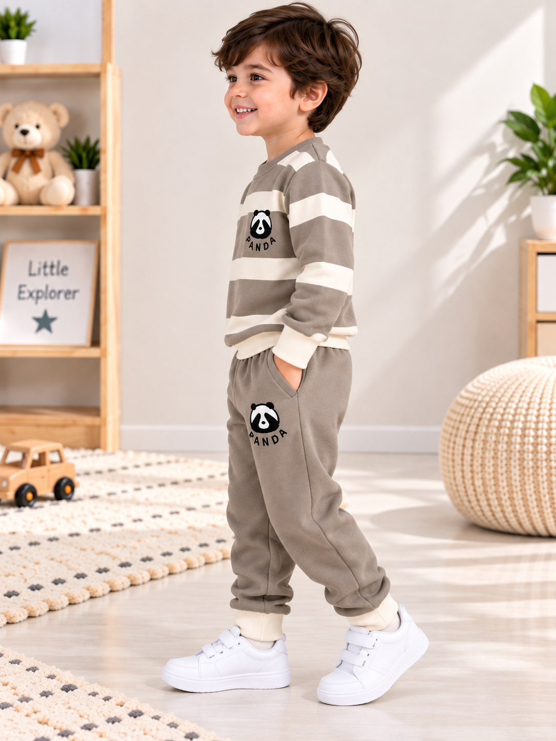 Kids Panda Fleece Tracksuit – Beige & Cream Striped 2-Piece Set | 1–4 Years