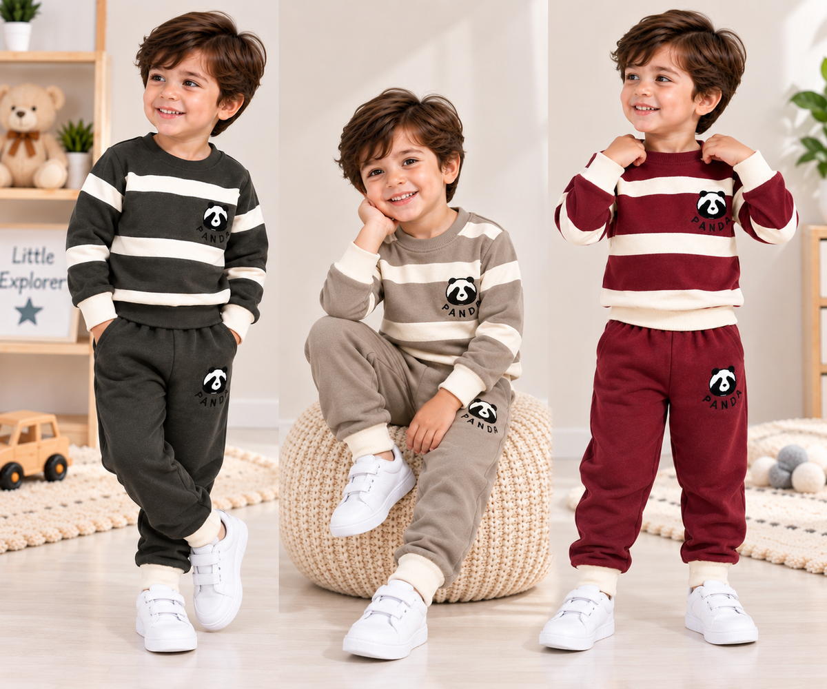 Pack of 3 Kids Panda Fleece Winter Tracksuits – 3 Colors | 1–4 Years
