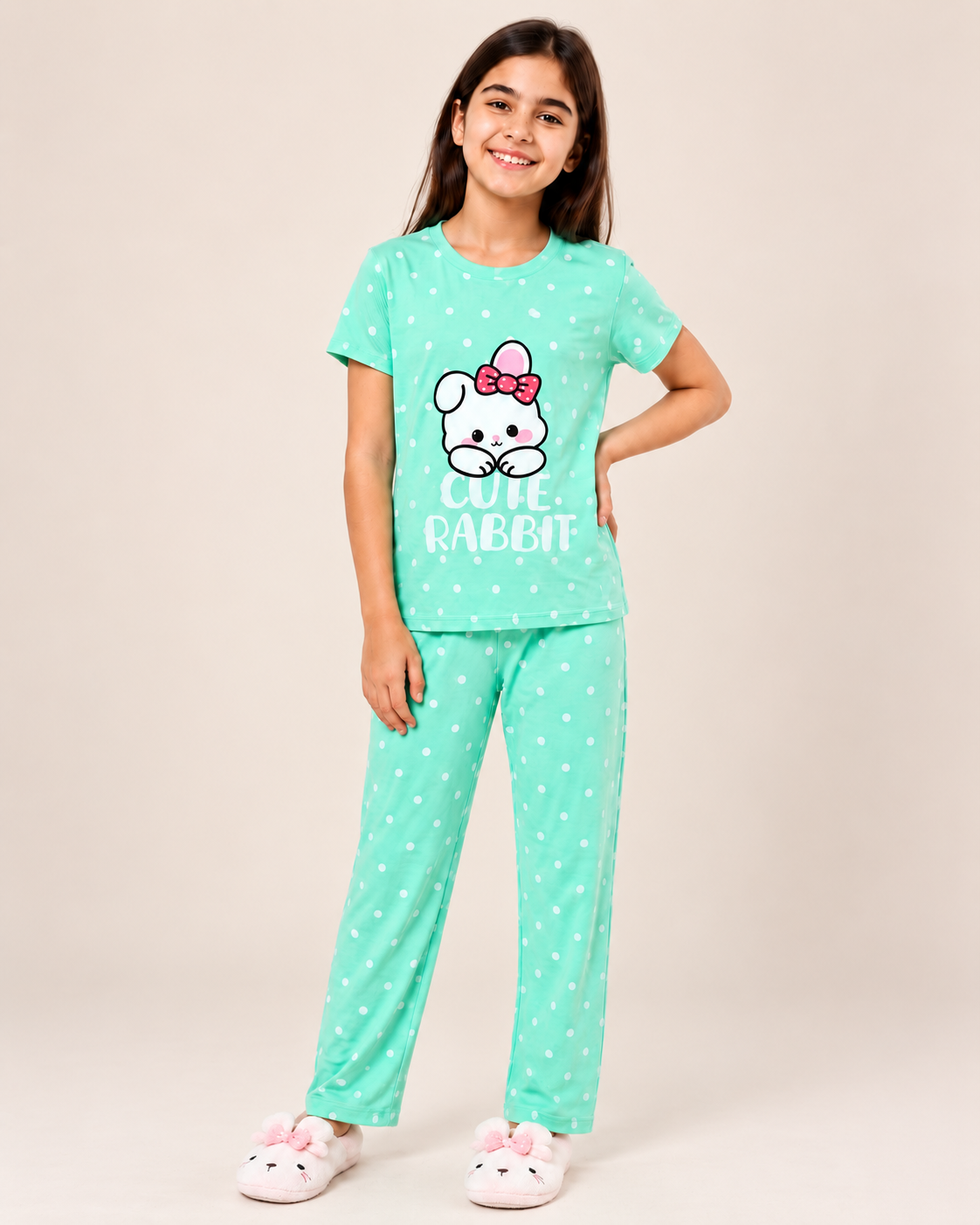 Cute Rabbit Girls Night Suit – Mint Green Polka Dot Pajama Set