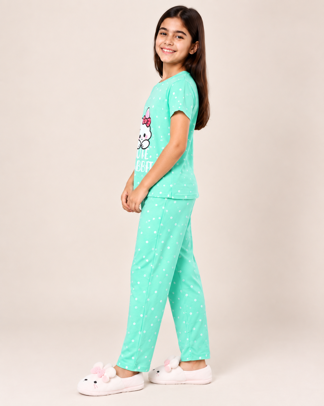 Cute Rabbit Girls Night Suit – Mint Green Polka Dot Pajama Set