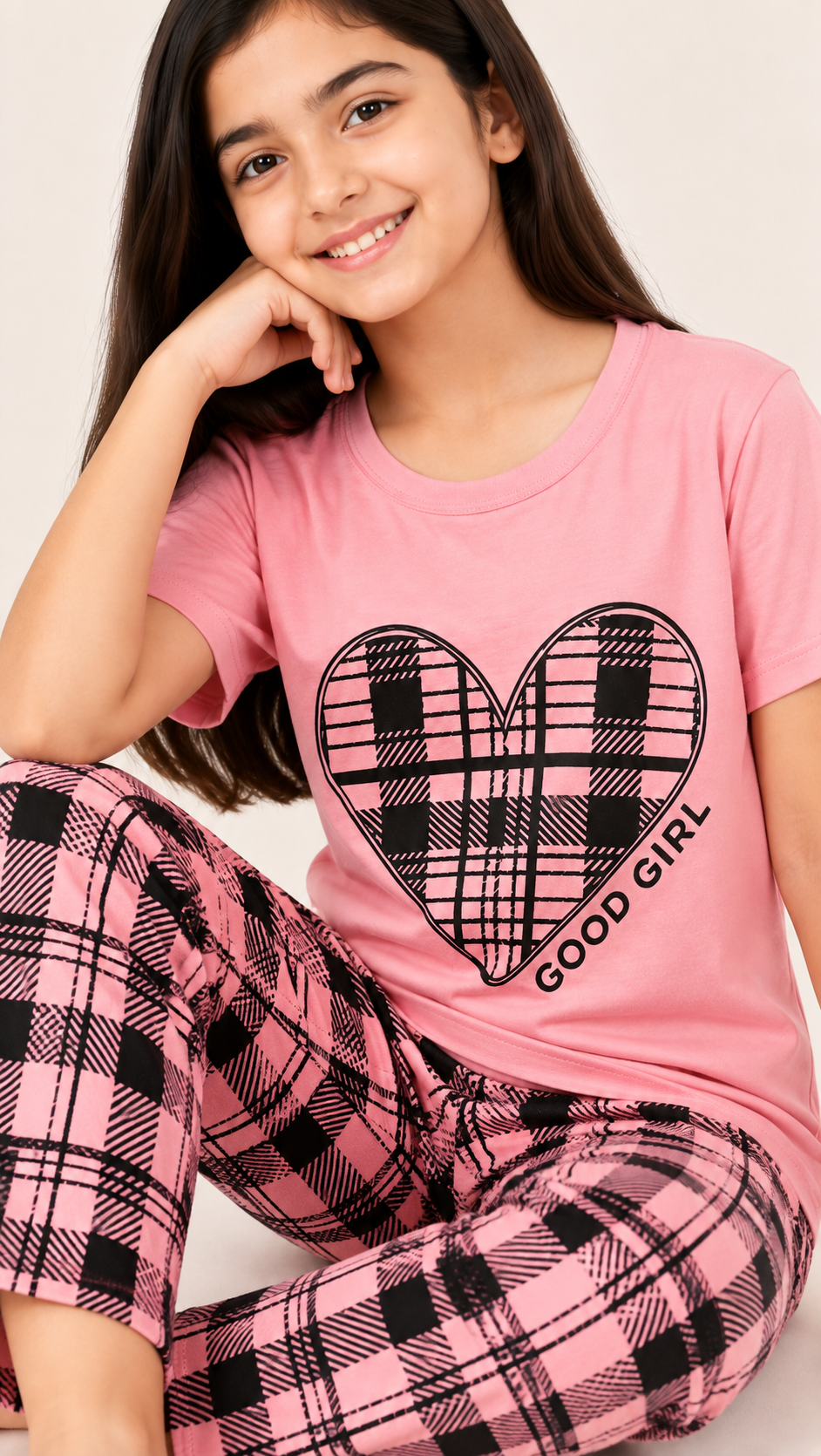 Girls Pink Heart Check Night Suit – 2 Piece Pajama Set