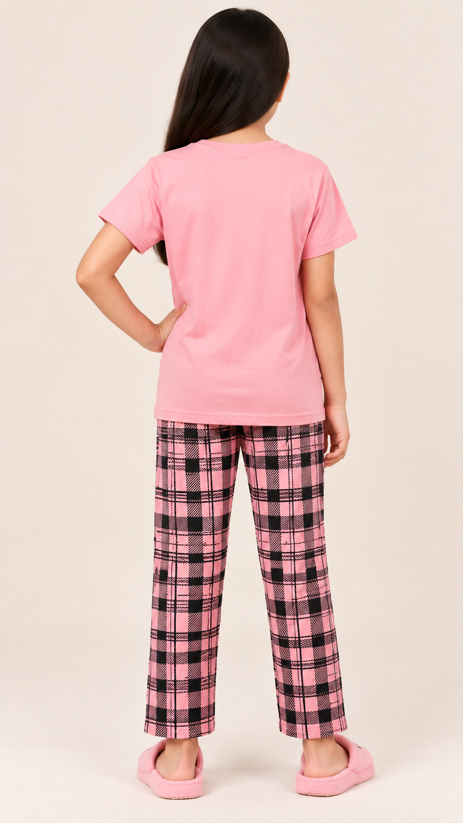 Girls Pink Heart Check Night Suit – 2 Piece Pajama Set