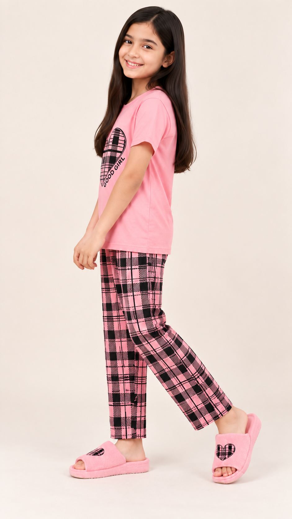 Girls Pink Heart Check Night Suit – 2 Piece Pajama Set