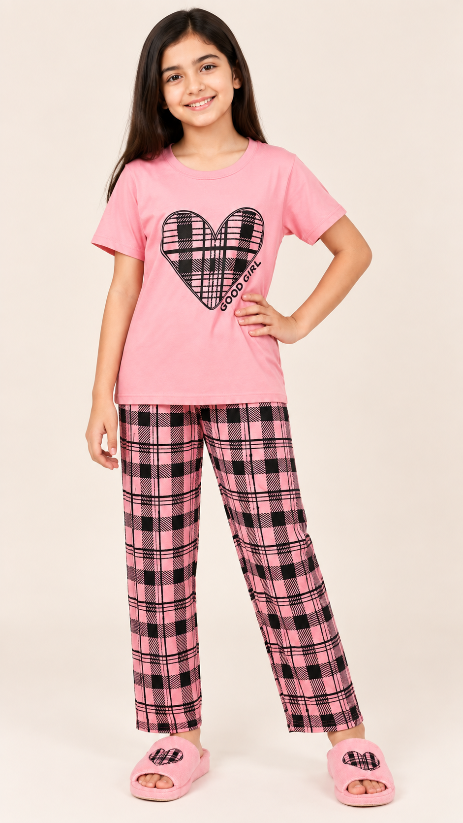 Girls Pink Heart Check Night Suit – 2 Piece Pajama Set