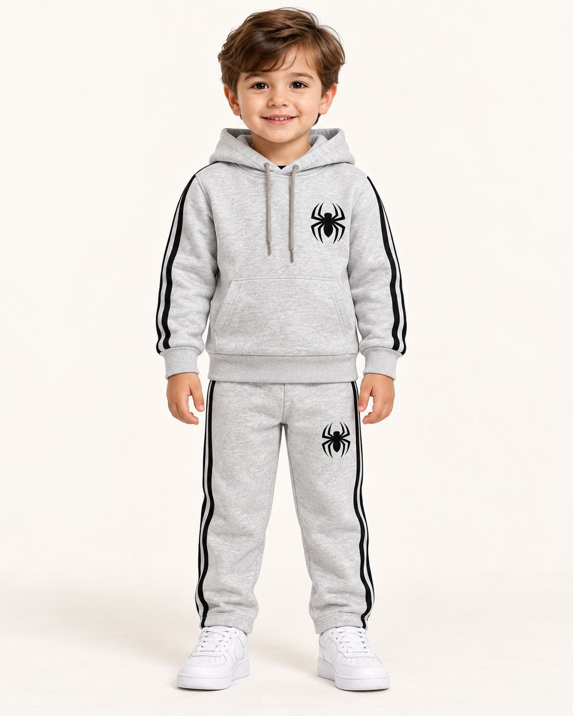 Kids Grey Spider Hooded Tracksuit – Double Stripe 2 Piece Co-Ord Set