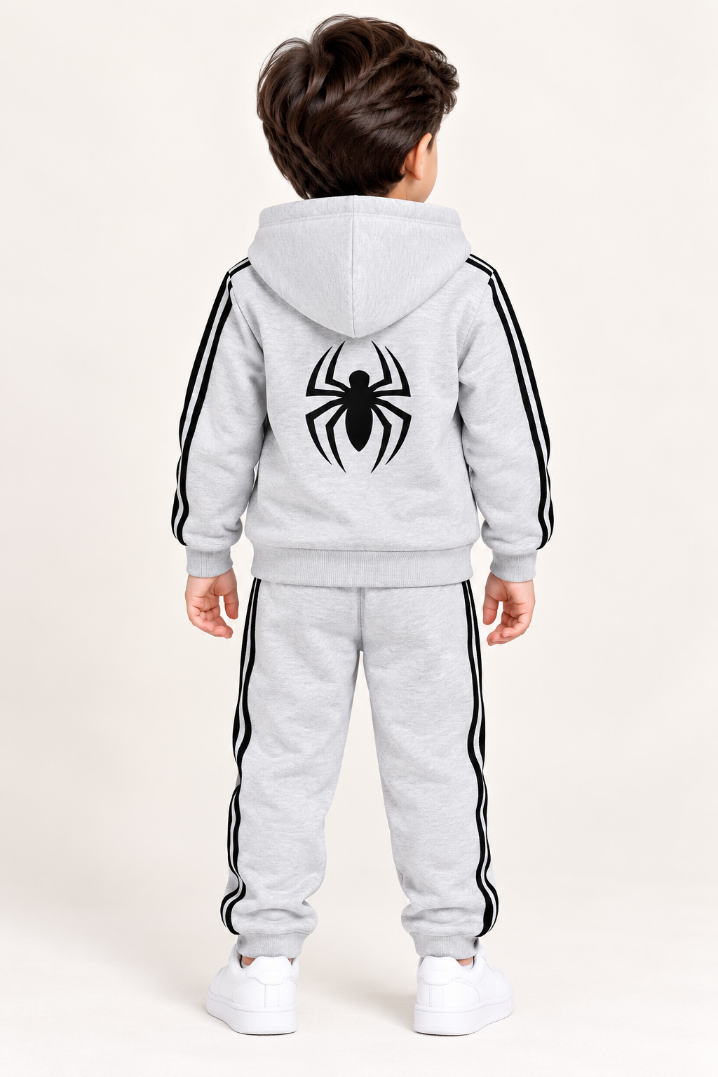 Kids Grey Spider Hooded Tracksuit – Double Stripe 2 Piece Co-Ord Set