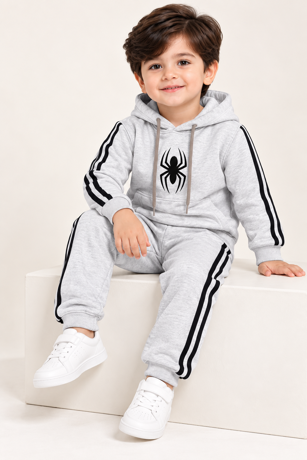 Kids Grey Spider Hooded Tracksuit – Double Stripe 2 Piece Co-Ord Set