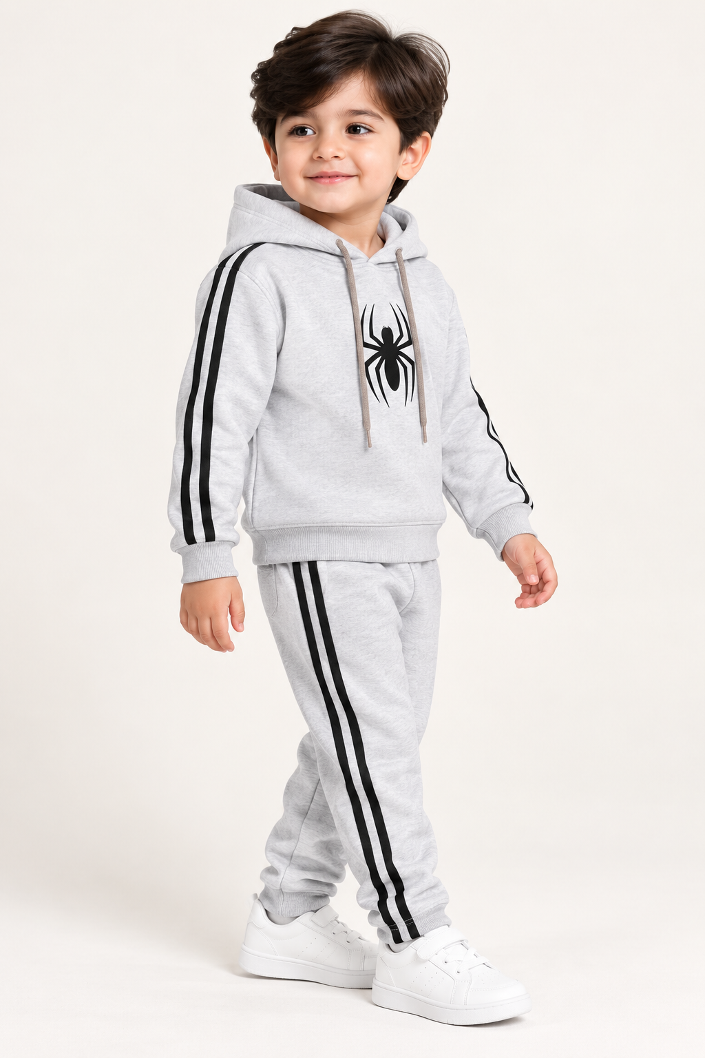Kids Grey Spider Hooded Tracksuit – Double Stripe 2 Piece Co-Ord Set