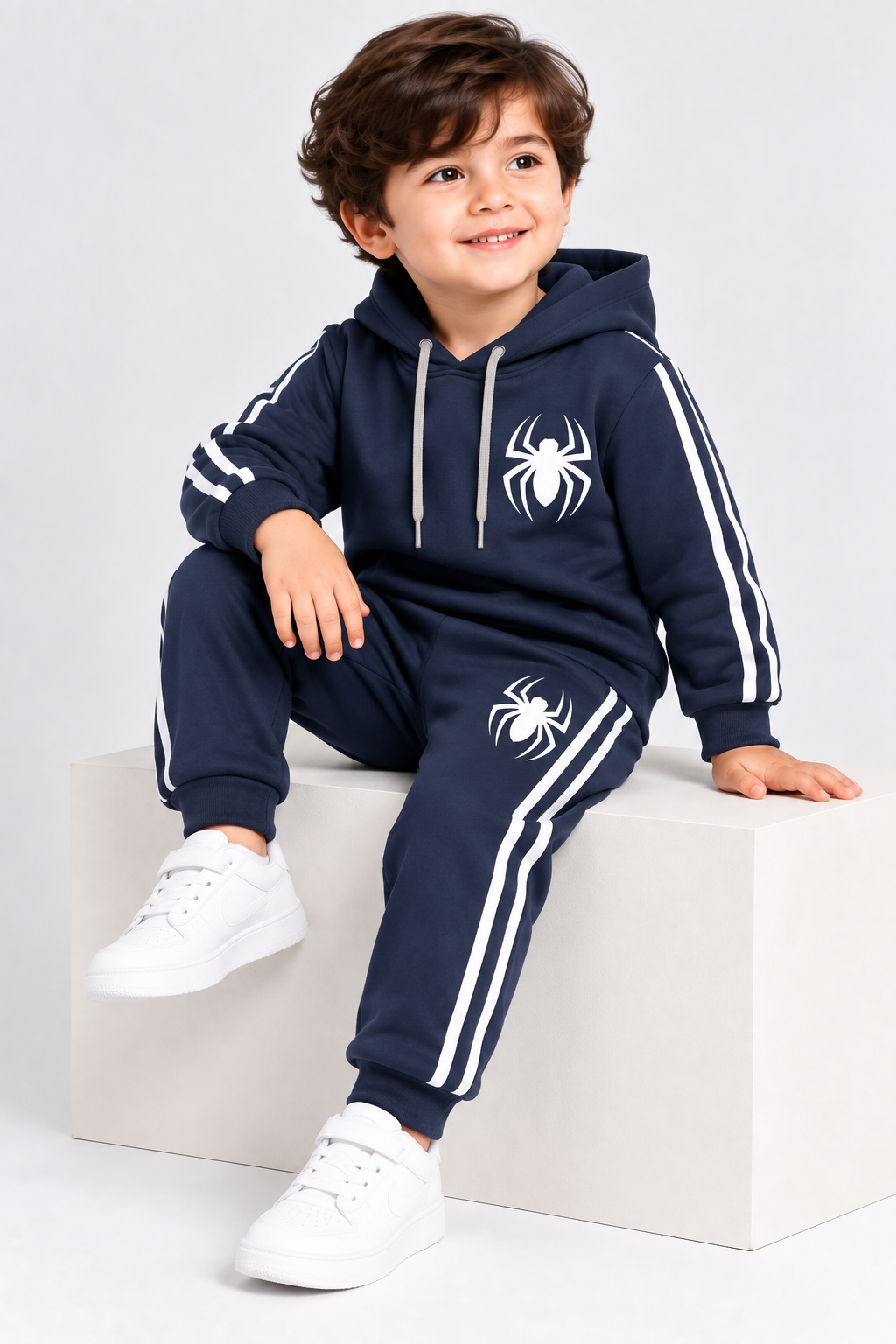 Kids Navy Blue Spider Hooded Tracksuit – 2 Piece Fleece Co-Ord Set