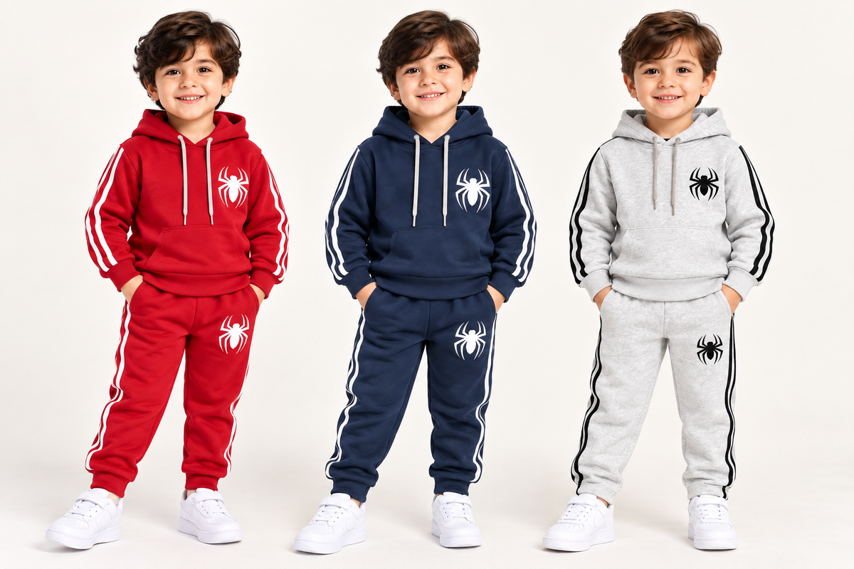 Kids Spider Hooded Tracksuit – Pack of 3 | Red, Navy & Grey Fleece Sets