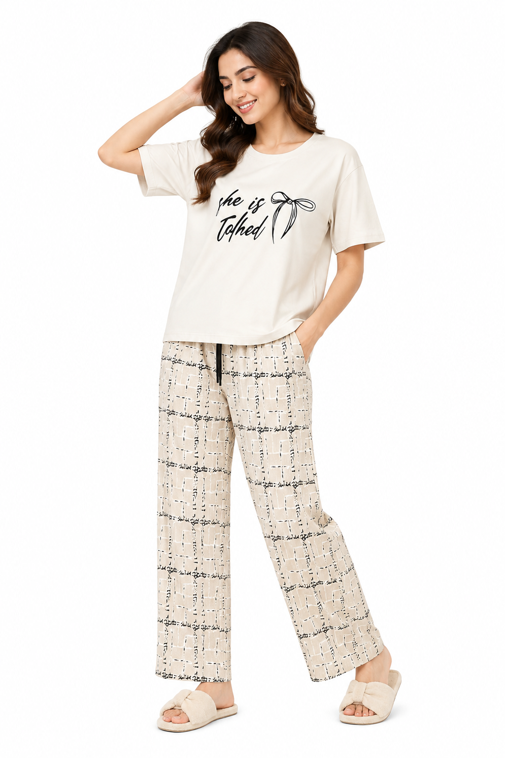 Women’s Printed 2 Piece Night Suit | Comfortable T-Shirt & Wide Leg Trouser Set | Casual Sleepwear Lounge Wear