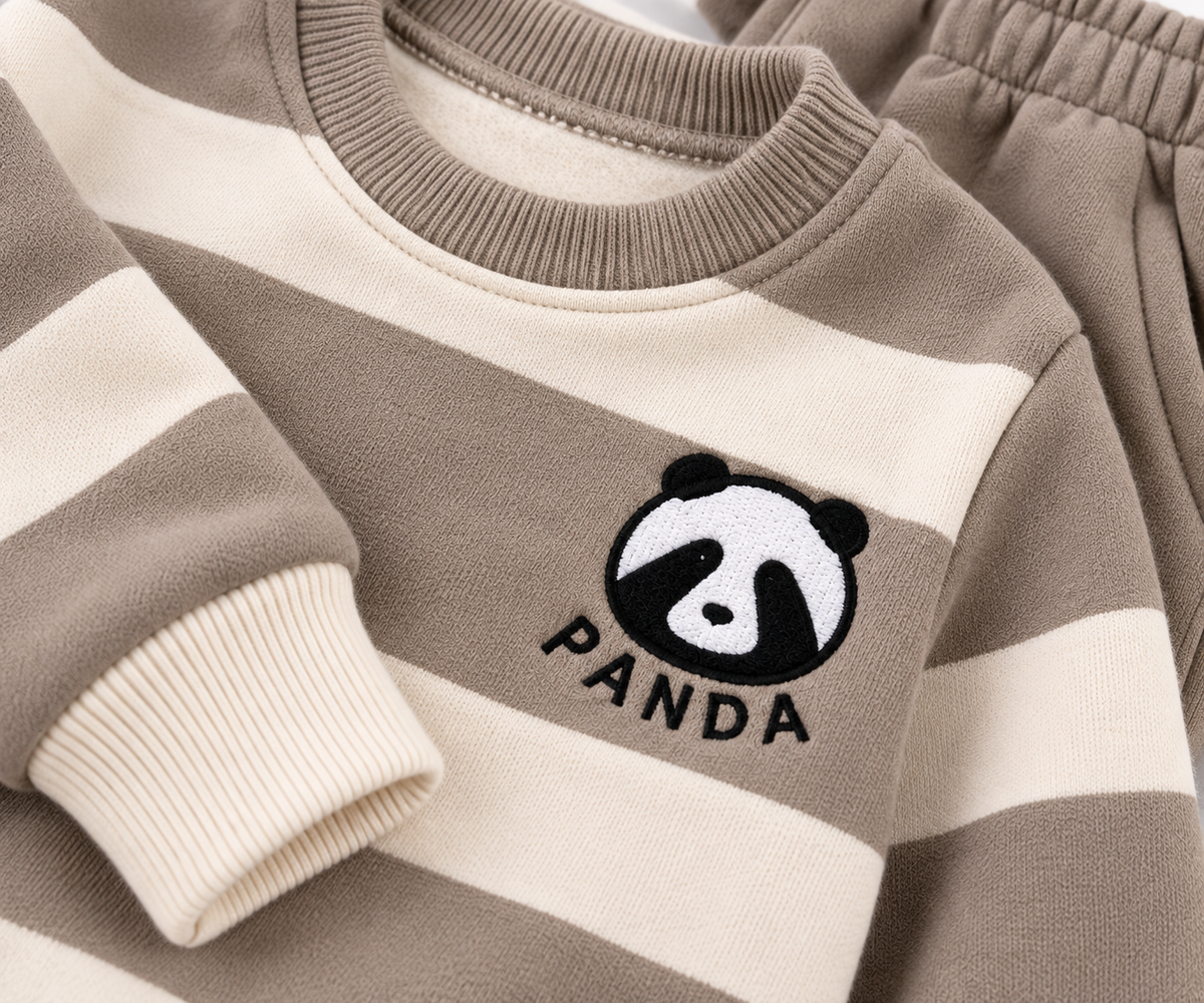Kids Panda Fleece Tracksuit – Beige & Cream Striped 2-Piece Set | 1–4 Years