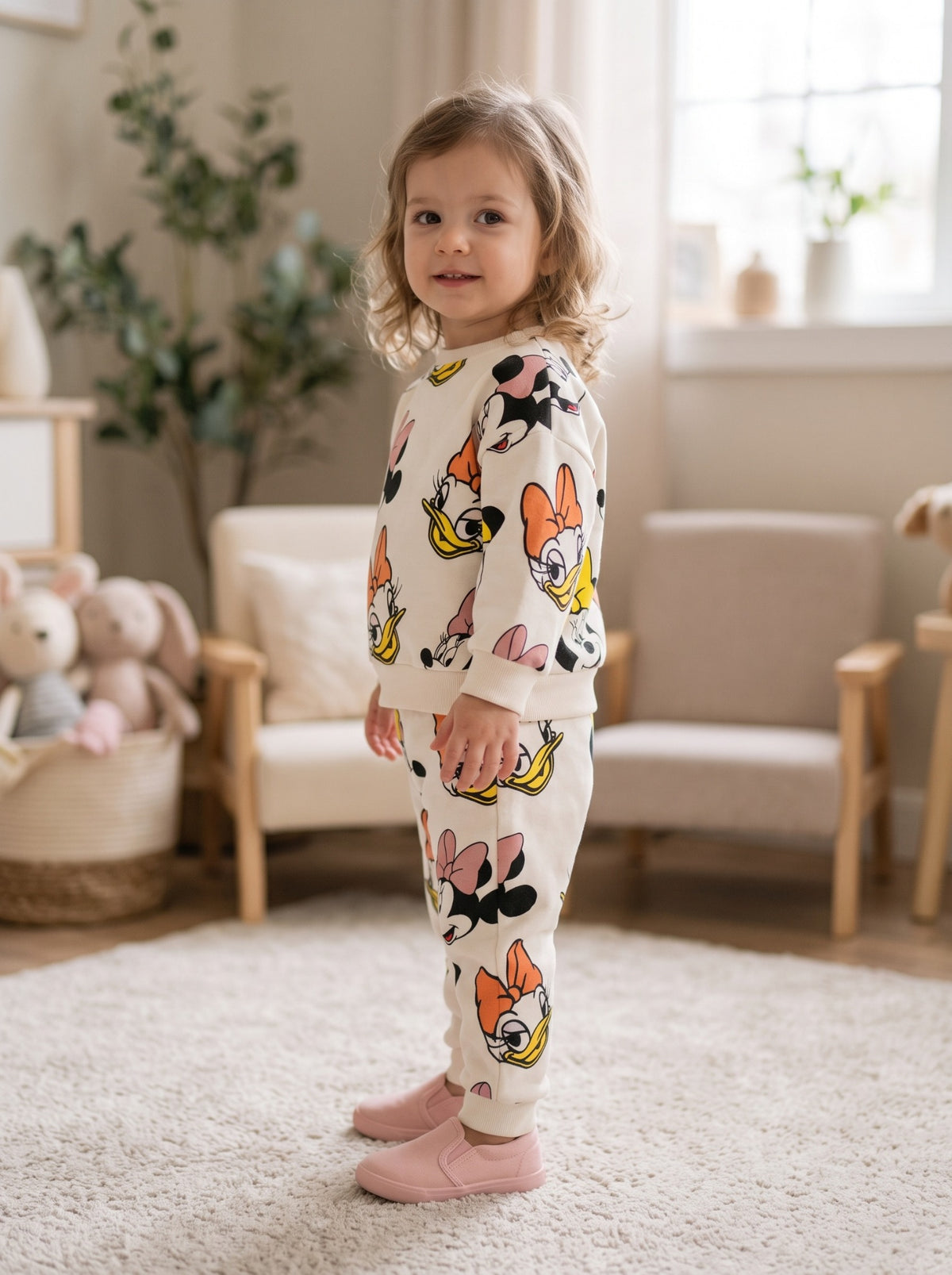 Girls cartoon character printed 2-piece tracksuit front and side view