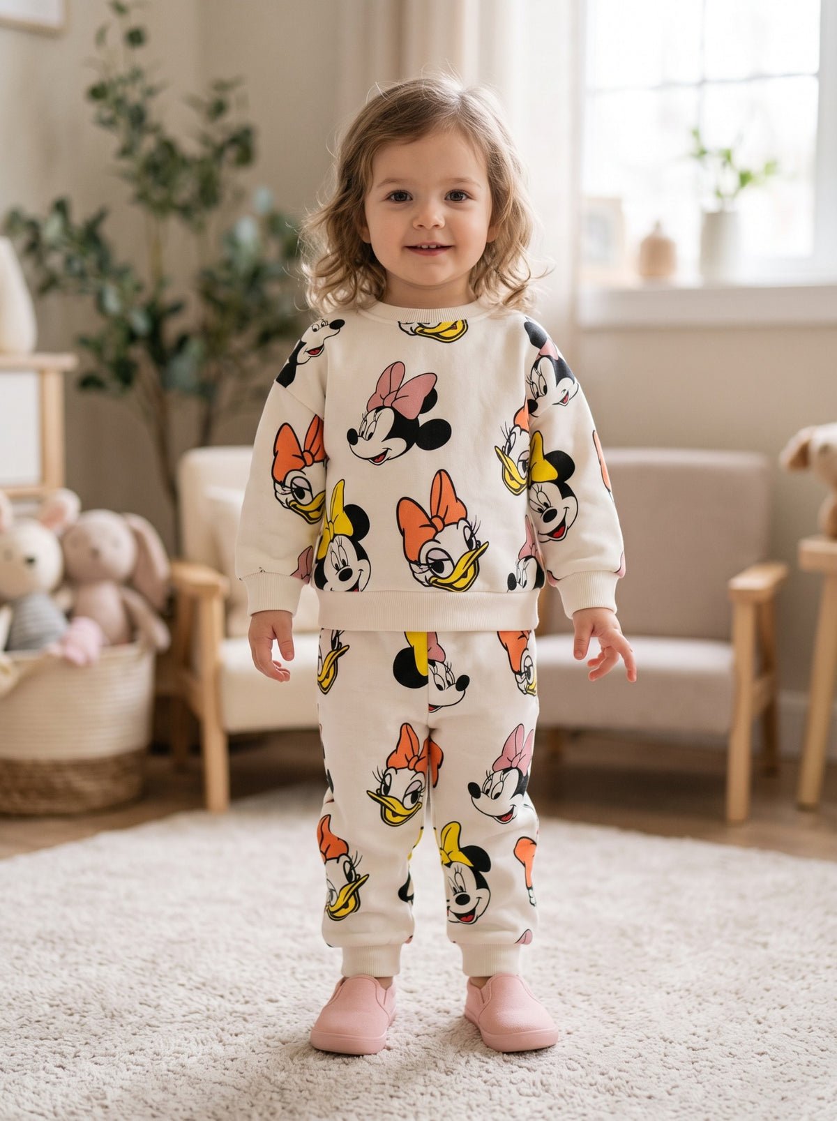 Girls cartoon character printed 2-piece tracksuit front view